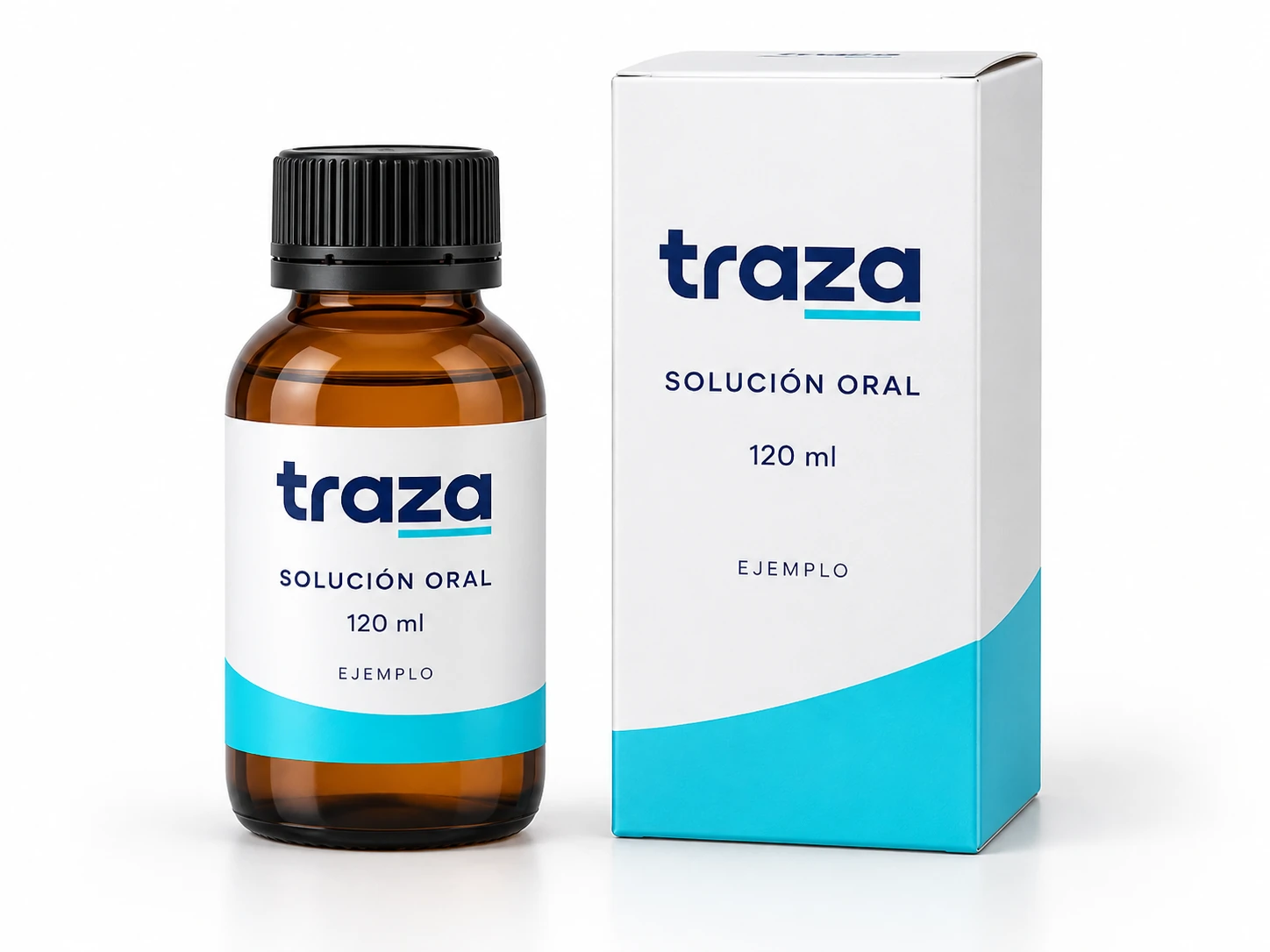 Presentación ilustrativa de una solución oral de 120 ml en frasco ámbar junto a su caja.