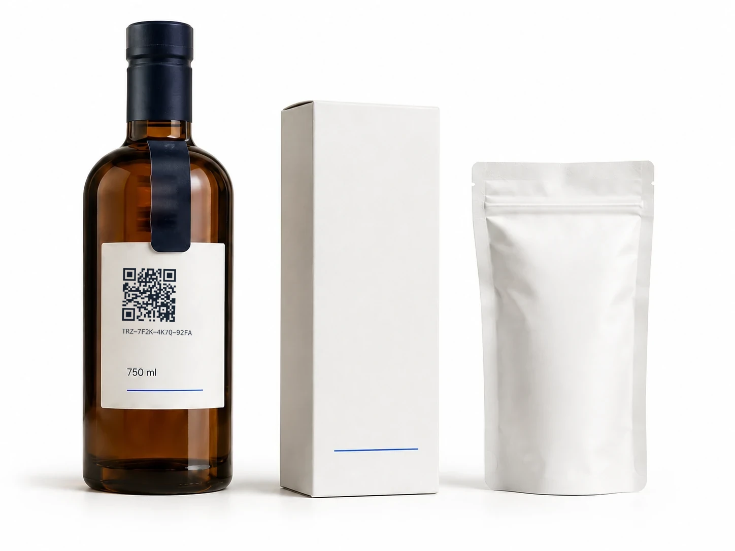 An amber bottle whose label carries a QR code and the identifier TRZ-7F2K-4K7Q-92FA, next to a carton and an unbranded pouch.