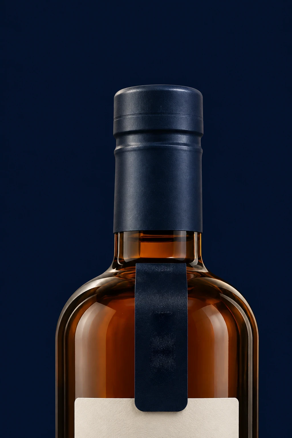 Render of an amber bottle with a blue band on the neck.